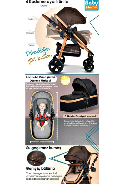 Baby Home 8 In 1 Set Baby Home Corso Travel Sistem Bebek Arabası ve Nanny Oyun Parkı Park Yatak Beşik