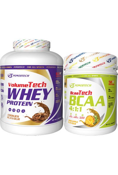 Powertech Volumetech Whey Protein 2400 gr Kurabiye Protein Tozu+Bcaatech Bcaa 4:1:1 500 gr Ananas