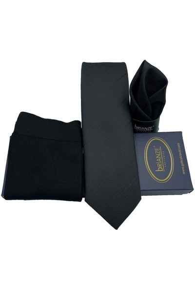 Brianze Siyah Çizgili Desen Kravat Mendil Çorap Hediyelik Set