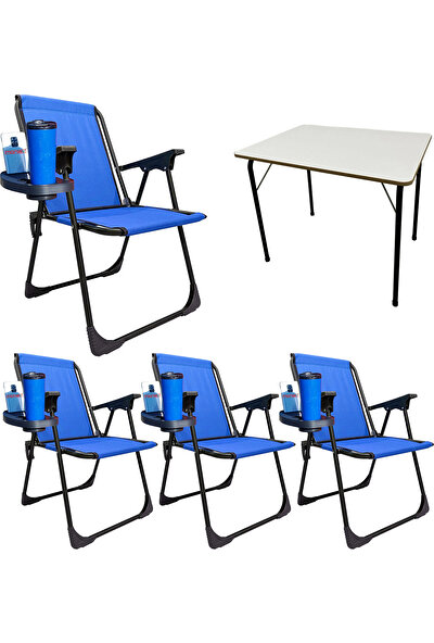 Moniev 4 Adet Katlanır Kamp Sandalyesi Piknik Koltuğu Plaj Şezlongu Oval Bardaklıklı Mavi + Mdf Masa