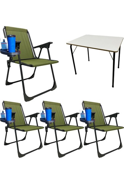 Moniev 4 Adet Katlanır Kamp Sandalyesi Piknik Koltuğu Plaj Şezlongu Oval Bardaklıklı Yeşil + Mdf Masa