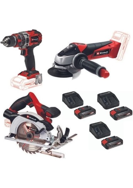 Einhell Te-Cd 18/50 Li-I Bl Matkap Te-Ag 18/115 Taşlama Te-Cs 18/165/1 Daire Testere 3X2.5AH Akü Set