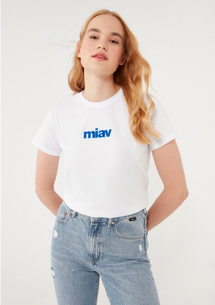 Miav Baskılı Beyaz Tişört