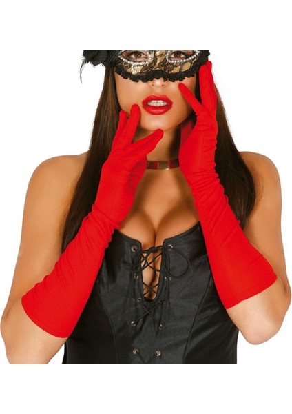 Parti Aksesuar Kırmızı Renk Dirseğe Kadar Uzun Kumaş Eldiven