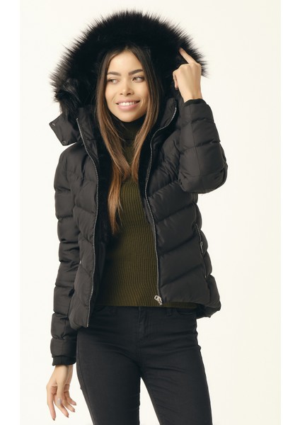 Kadın Mont Çıkabilir Kapüşonlu Kürk Astarlı Şişme Beste