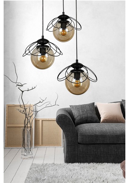 Alaca 3'lü Avize Siyah Bal Cam