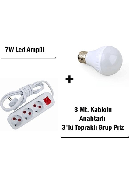 7W LED Ampul + 3 Metre Uzatmalı Anahtarlı 3lü Priz Set