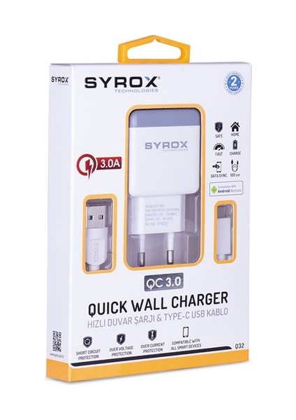 Xiaomi Mi 8 Lite Syrox Type-C Quıck Şarj Cihazı 3.0A Ultra Hızlı Q32