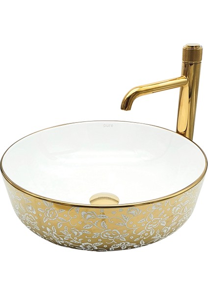 Flower Gold White Tezgah Üstü Çanak Lavabo