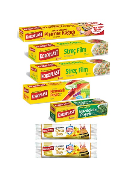 Dev Paket Pişirme Kağıdı+Streç Film 2x+Fermuarlı Poşet+Buzdolabı Poeşeti Çöp Poşeti X2