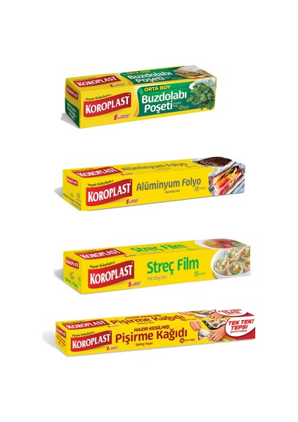 4lü Paket Buzdolabı Poşeti + Hazır Kesim Pişirme Kağıdı +Streç Film + Alümiyum Folyo