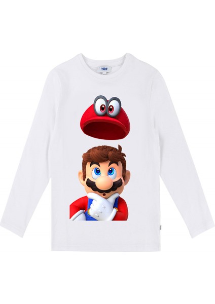Super Mario Uzun Kol Çocuk Tişört Beyaz Unisex