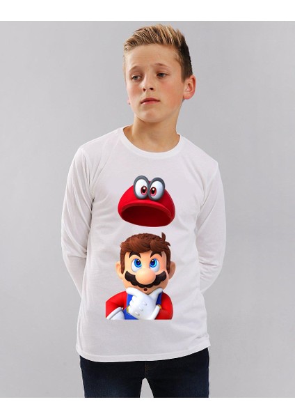 Super Mario Uzun Kol Çocuk Tişört Beyaz Unisex