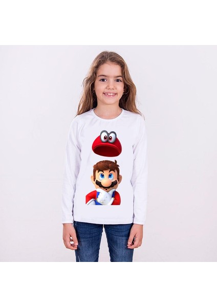 Super Mario Uzun Kol Çocuk Tişört Beyaz Unisex