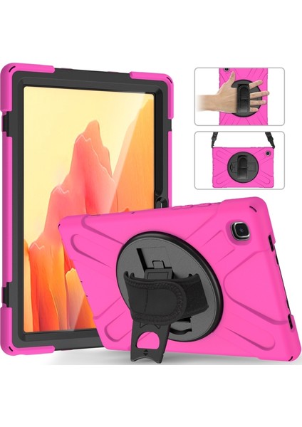 Samsung Galaxy Tab A7 10.4 2020 T500 / T505 Için Dirsek ve Omuz Askısı ve El Kayışı ve Ayna ile Silikon + Pc Koruyucu Kılıf--Kırmızı Gül (Yurt Dışından)