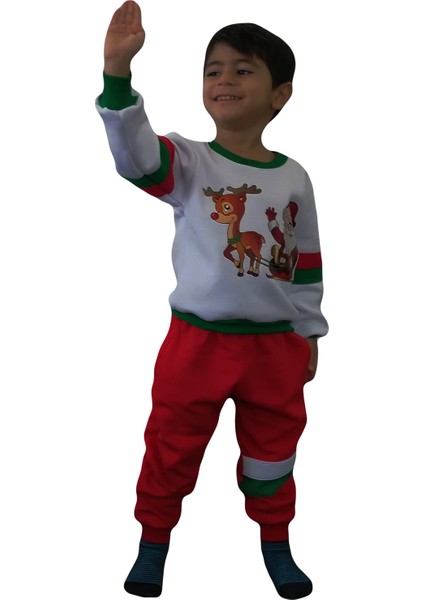 Noel Baba ve Geyik Baskılı Penye Unisex Kız-Erkek Çocuk Eşofman Takımı 1-8 Yaş.