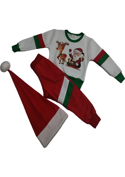 Noel Baba ve Geyik Baskılı Penye Unisex Kız-Erkek Çocuk Eşofman Takımı 1-8 Yaş. modelleri