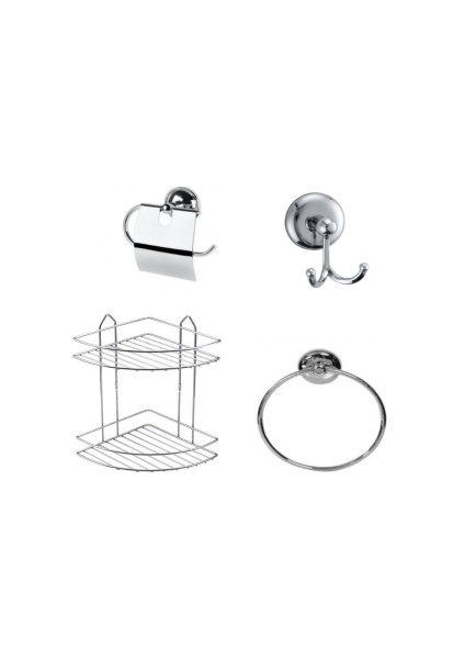 Krom Banyo Seti ( 2 Kademe Köşelik - Bornoz Askılığı - Kapaklı Tuvalet Kağıtlığı - Halka Havluluk)