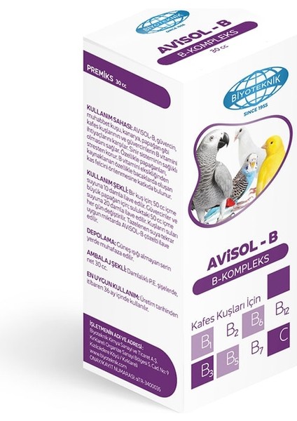Biyoteknik Avisol-B Kuşlar Için Vitamin B Kompleks 30 cc