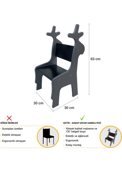 Ahşap Çocuk Sandalyesi - Geyik - Gri/siyah fiyatları