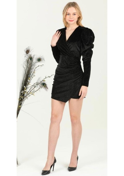 Kadın Siyah Kruvaze Yaka Abiye Elbise