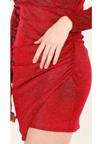 Kadın Kırmızı Kruvaze Yaka Abiye Elbise fırsatları