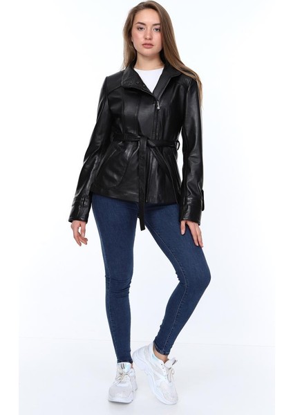 Deri Fabian Belden Bağlamalı Siyah Kadın Deri Ceket fiyatları