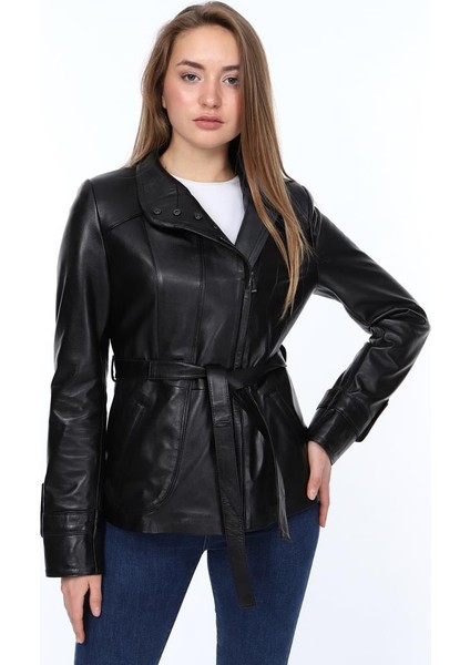 Deri Fabian Belden Bağlamalı Siyah Kadın Deri Ceket modelleri