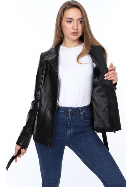 Deri Fabian Belden Bağlamalı Siyah Kadın Deri Ceket indirimleri