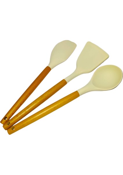 Naturalife Labs Yanmaz Yapışmaz Ahşap Saplı Silikon Spatula Kaşık 3 Lü Set   32 cm