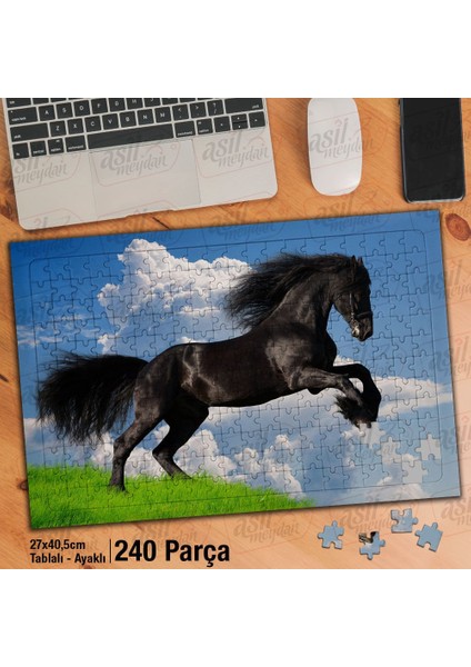 Asil Hobi Şahlanan Siyah At - Hayvan - Doğa Yapboz-Ayak Destekli Çerçeveli 240 Parça Puzzle