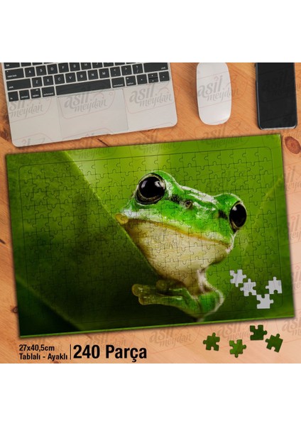 Asil Hobi Sevimli Kurbağa - Yeşil - Yaprak - Doğa Yapboz-Ayak Destekli Çerçeveli 240 Parça Puzzle