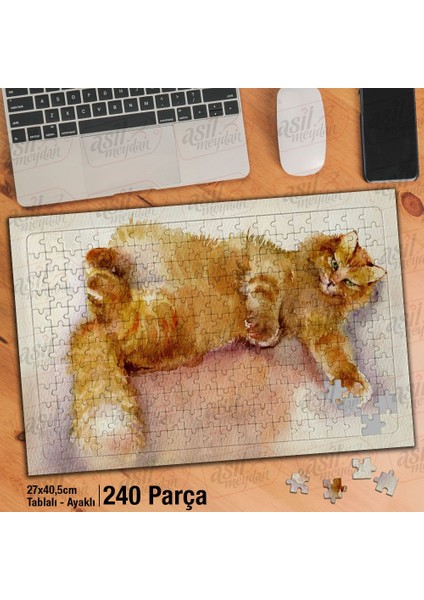 Asil Hobi Sarı Tüylü Kedi - Ressam - Çizim - Hayvan Yapboz-Ayak Destekli Çerçeveli 240 Parça Puzzle