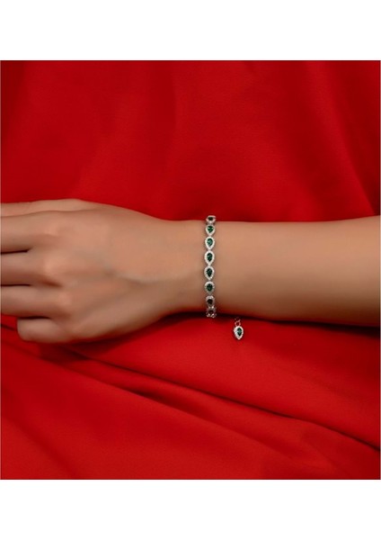 Damla Yeşil Taşlı Gümüş Asansörlü Bileklik