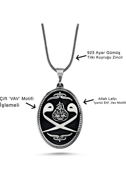 Çift Vav Harfi Allah Yazılı 60 cm 925 Gümüş Kolye fiyatları