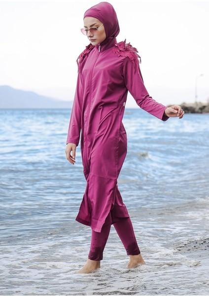 Omuzları Dantelli Fermuarlı Tam Kapalı Tesettür Mayo 3'lü Set Marina Mayo M2029