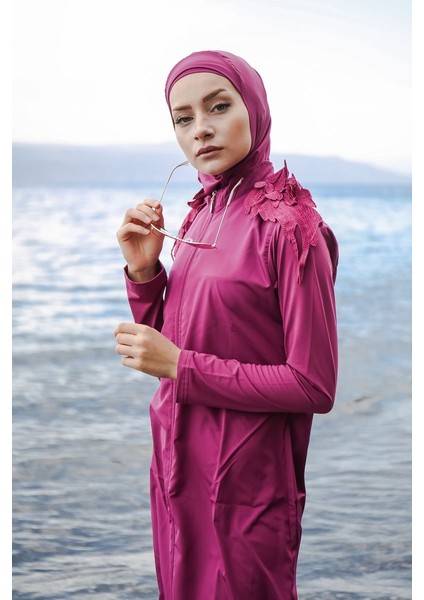 Omuzları Dantelli Fermuarlı Tam Kapalı Tesettür Mayo 3'lü Set Marina Mayo M2029 fiyatları