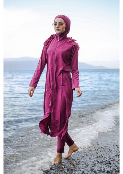 Omuzları Dantelli Fermuarlı Tam Kapalı Tesettür Mayo 3'lü Set Marina Mayo M2029 modelleri