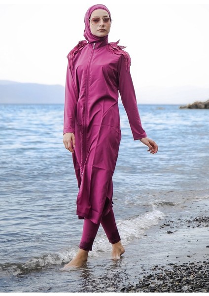 Omuzları Dantelli Fermuarlı Tam Kapalı Tesettür Mayo 3'lü Set Marina Mayo M2029 fırsatları