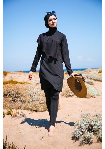 Önü Fırfır Detaylı Tasarım Tam Kapalı Tesettür Mayo 4'lü Set Marina Mayo M2034 Siyah