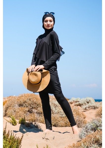 Önü Fırfır Detaylı Tasarım Tam Kapalı Tesettür Mayo 4'lü Set Marina Mayo M2034 Siyah fiyatları