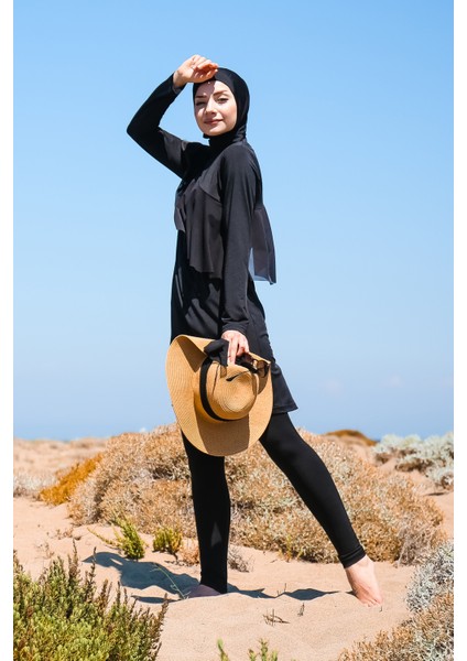 Önü Fırfır Detaylı Tasarım Tam Kapalı Tesettür Mayo 4'lü Set Marina Mayo M2034 Siyah modelleri