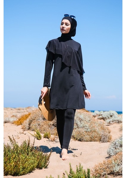 Önü Fırfır Detaylı Tasarım Tam Kapalı Tesettür Mayo 4'lü Set Marina Mayo M2034 Siyah indirimleri