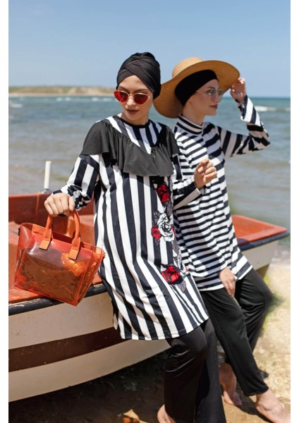 Mayo Çizgili Tasarım Tesettür Mayo M2009 Siyah