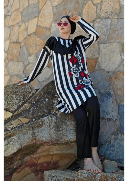 Mayo Çizgili Tasarım Tesettür Mayo M2009 Siyah fiyatları