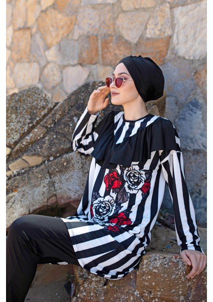 Mayo Çizgili Tasarım Tesettür Mayo M2009 Siyah modelleri