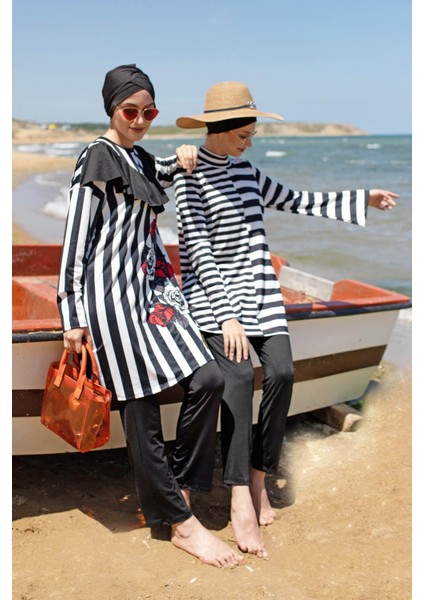 Mayo Çizgili Tasarım Tesettür Mayo M2009 Siyah fırsatları