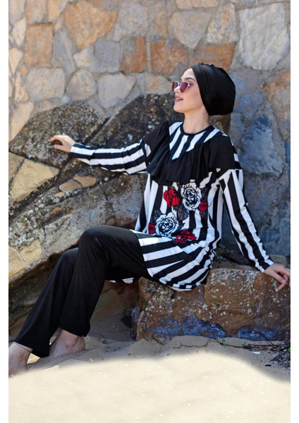 Mayo Çizgili Tasarım Tesettür Mayo M2009 Siyah indirimleri