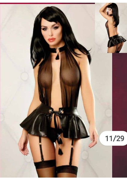 Siyah Transparan ve Deri Kadın Fantezi Gecelik