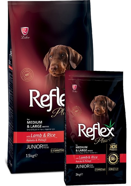 Plus Orta & Büyük Irk Kuzu & Pirinç Yavru Köpek Maması 15+3 kg